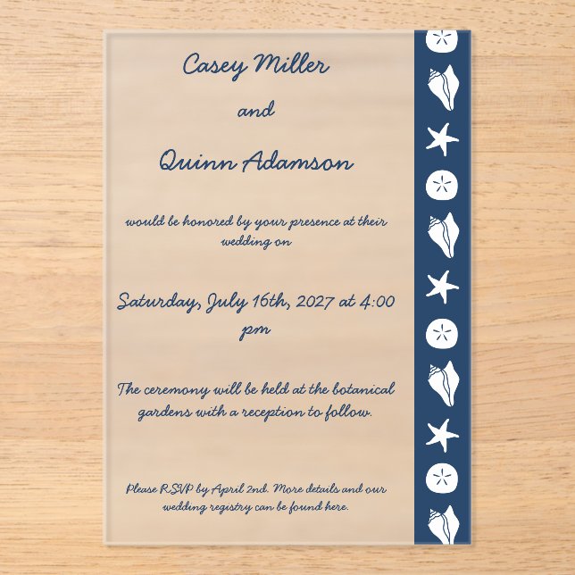 Summer Seashells in Navy Acrylic Wedding  Invitations (Front)