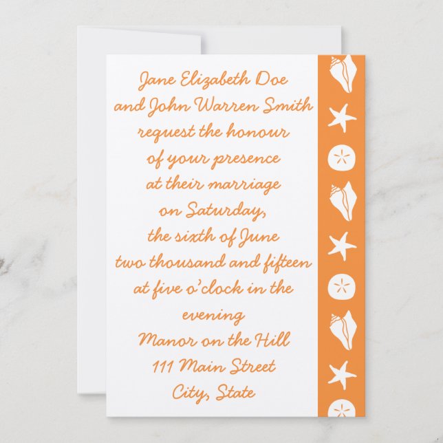 Summer Seashells in Orange Wedding Invitation (Front)