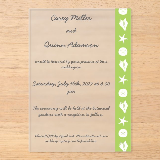 Summer Seashells in Peridot Acrylic Wedding  Invitations (Front)