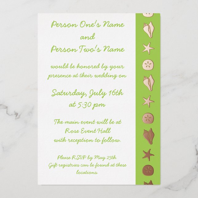 Summer Seashells in Peridot Foil Invitation (Front)