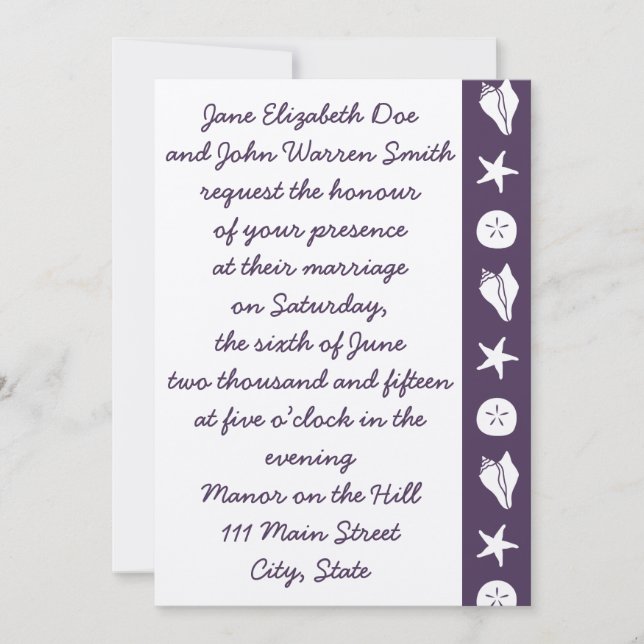 Summer Seashells in Purple Wedding Invitation (Front)