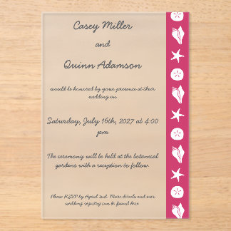 Summer Seashells in Raspberry Acrylic Wedding Invitations