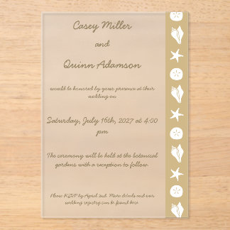Summer Seashells in Sand Acrylic Wedding Invitations