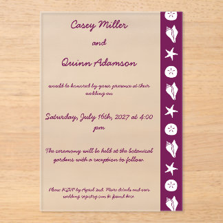 Summer Seashells in Wine Acrylic Wedding Invitations