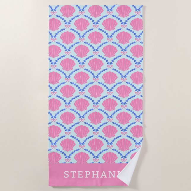 Summer Seashells Pink Bows Personalised Beach Towel (Front)