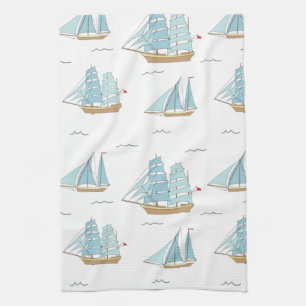 Summer Seatime Cute yachts with sail Tea Towel