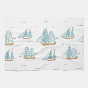 Summer Seatime Cute yachts with sail Tea Towel