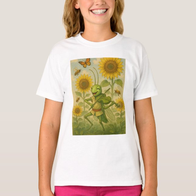 Summer Serenade: The Joyful Grasshopper Fiddler T-Shirt (Front)