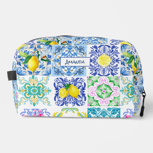Summer Sicilian citrus Mediterranean azulejo  Dopp Kit (Front)
