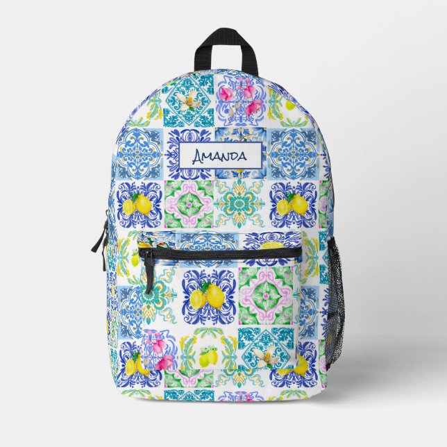 Summer Sicilian citrus Mediterranean azulejo  Printed Backpack (Front)