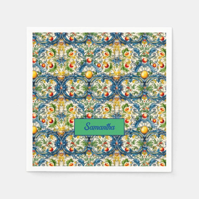 Summer, Sicilian Mediterranean oranges majolica Napkin (Front)