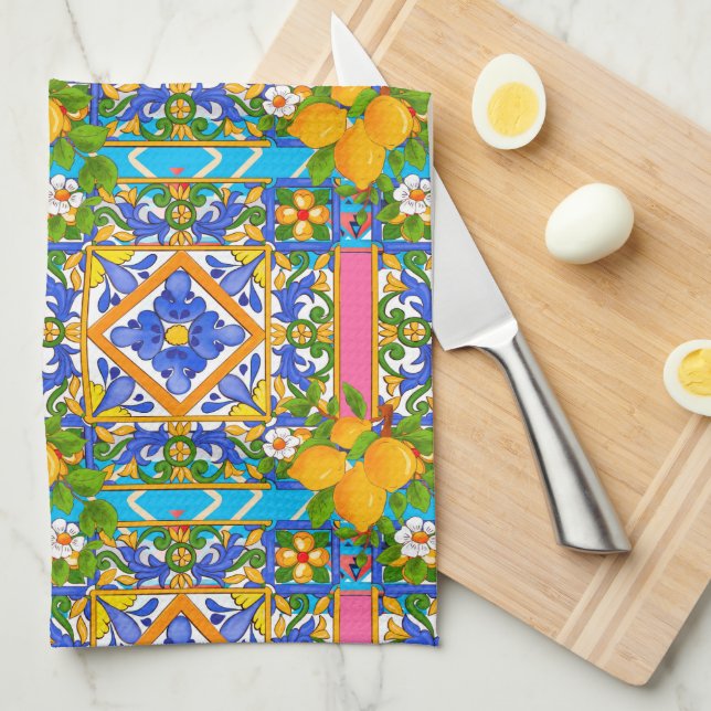 Summer ,Sicilian tiles ,citrus,lemons Mediterranea Tea Towel (Quarter Fold)