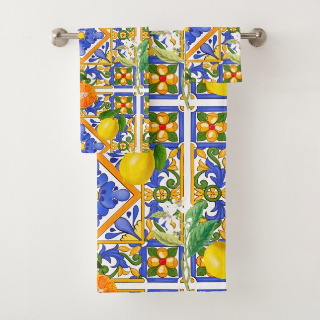 Summer ,Sicilian tiles ,citrus,oranges,majolica    Bath Towel Set (Insitu)