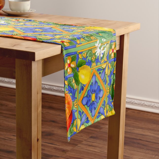 Summer ,Sicilian tiles ,citrus,oranges,majolica    Short Table Runner (In Situ)