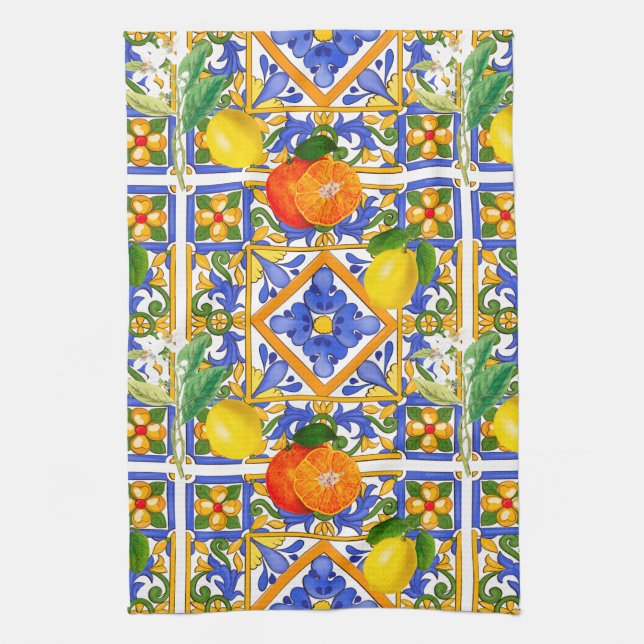 Summer ,Sicilian tiles ,citrus,oranges,majolica    Tea Towel (Vertical)
