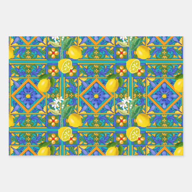 Summer ,Sicilian tiles ,citrus,oranges,majolica    Wrapping Paper Sheet (Front)