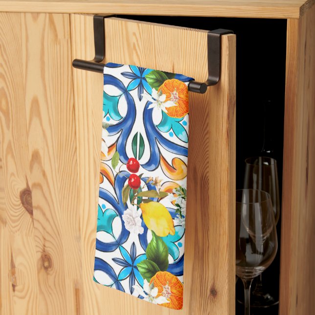 Summer ,Sicilian tiles ,majolica,ceramic tile  Tea Towel (Thirds Fold)