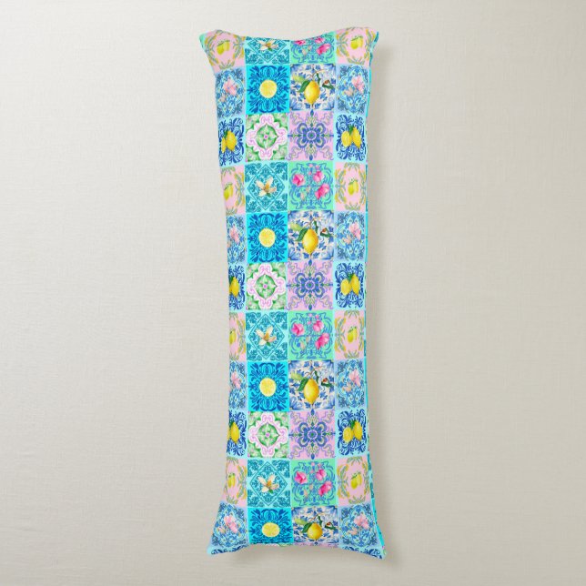 Summer Sicilian turquoise colourful azulejo Amalfi Body Cushion (Front Vertical)