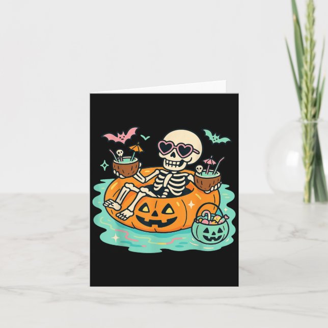 Summer Skeleton In Pumpkin Float Cute Spooky Pool  Card (Front)