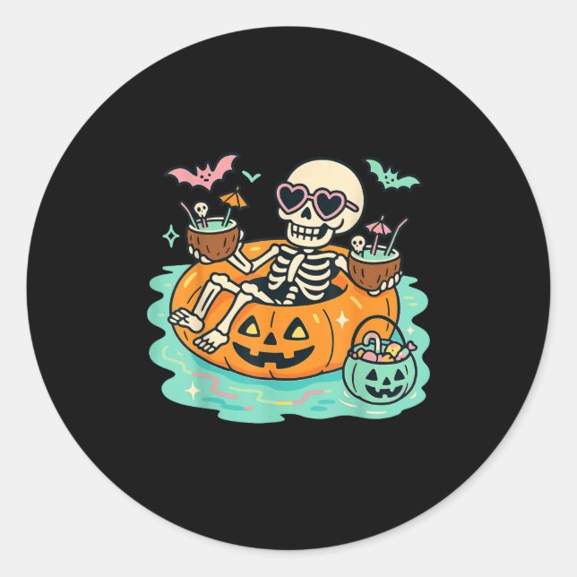 Summer Skeleton In Pumpkin Float Cute Spooky Pool  Classic Round Sticker (Front)