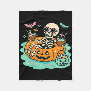 Summer Skeleton In Pumpkin Float Cute Spooky Pool Fleece Blanket