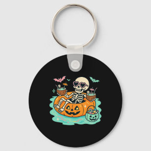 Summer Skeleton In Pumpkin Float Cute Spooky Pool  Key Ring