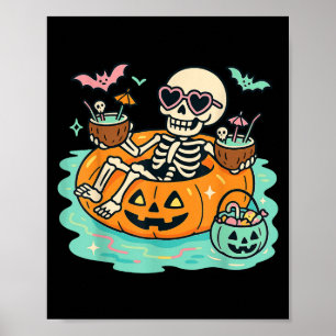 Summer Skeleton In Pumpkin Float Cute Spooky Pool Poster