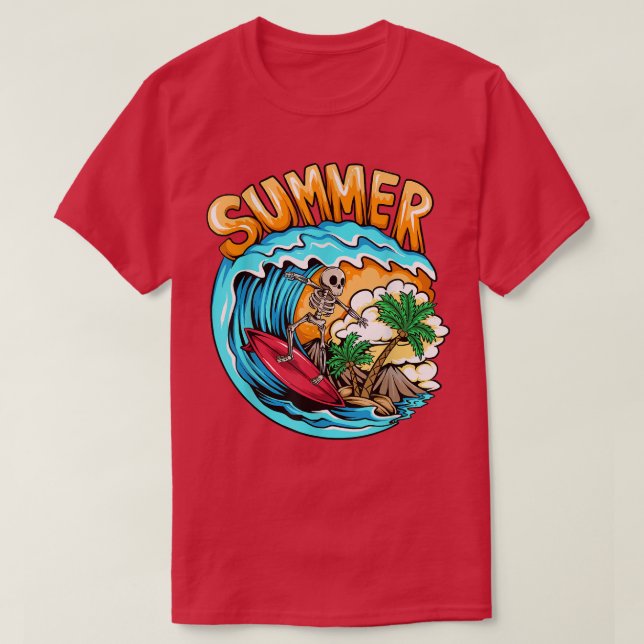 Summer Skeleton Surfing Wave Beach Summer Vacation T-Shirt (Design Front)