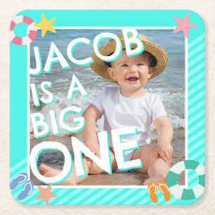 Summer Sky Blue Boys 1st Birthday  Square Paper Coaster