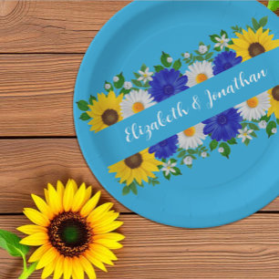 Summer Sky Blue Floral Wedding Paper Plate