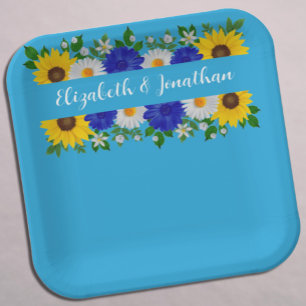 Summer Sky Blue Floral Wedding Paper Plate