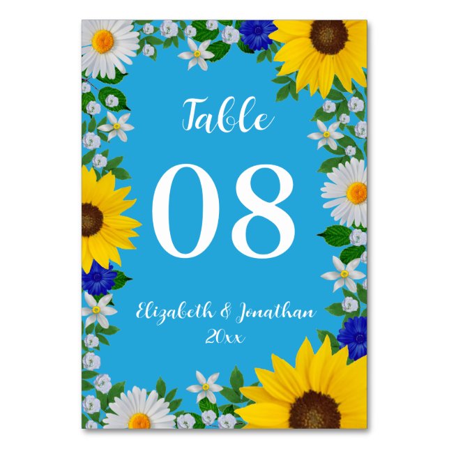 Summer Sky Blue Floral Wedding Table Number (Front)