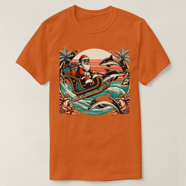 Summer Sleigh Ride Santas sleigh pulled by dolphin T-Shirt (Design Front)