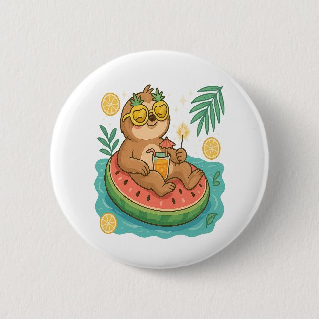 Summer Sloth Pool Float 6 Cm Round Badge (Front)