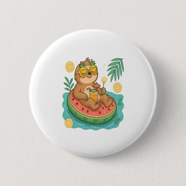 Summer Sloth Pool Float 6 Cm Round Badge (Front)