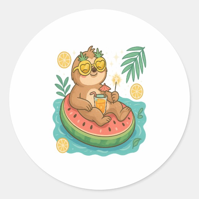 Summer Sloth Pool Float Classic Round Sticker (Front)