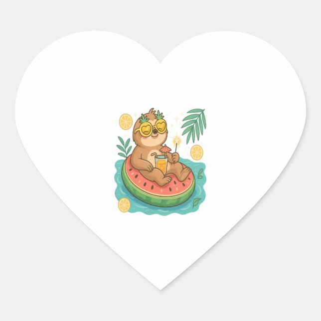 Summer Sloth Pool Float Heart Sticker (Front)