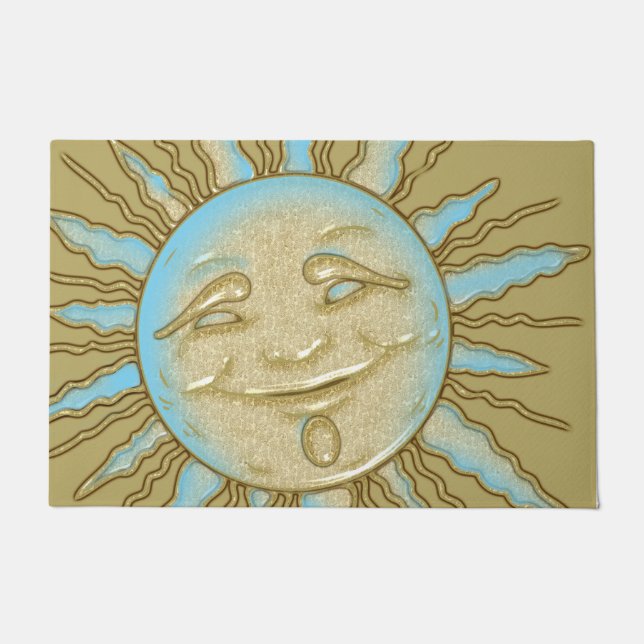 Summer Smiling Sun Blue Gold Door Mat (Front)