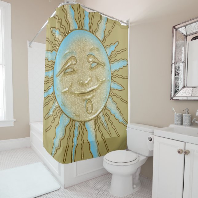 Summer Smiling Sun Blue Gold Shower Curtain (In Situ)