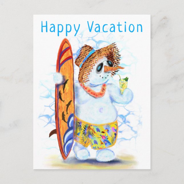 Summer Snowman Surfer Funny Happy Vacation Card (Front)