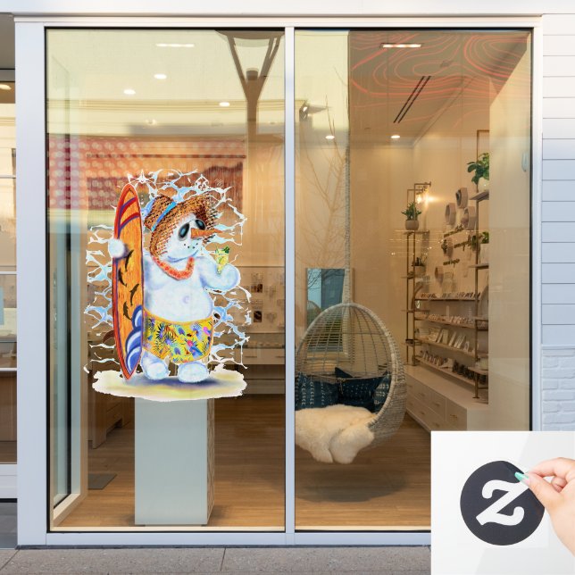Summer Snowman Surfer Funny Window Cling (Store Window)