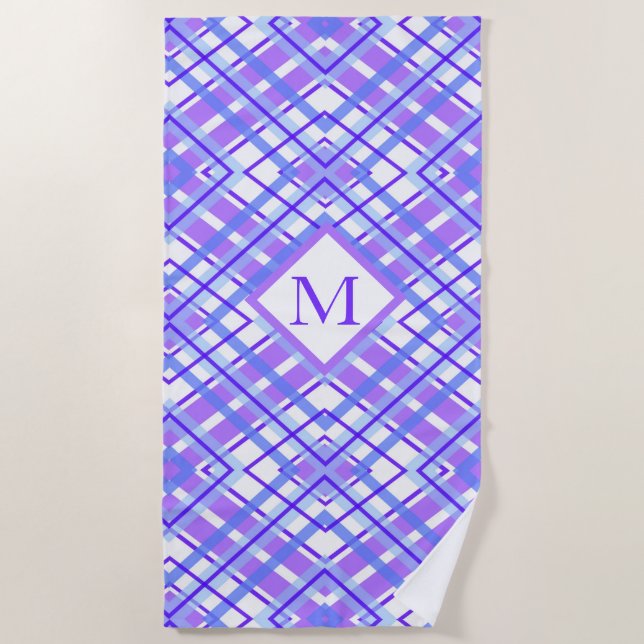 Summer Soft Purple Blue Plaid Personalise Monogram Beach Towel (Front)