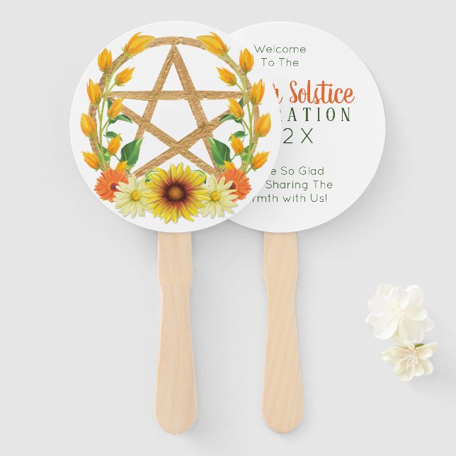 Summer Solstice Gold Pentacle Wiccan Sunflower Hand Fan (Front and Back)