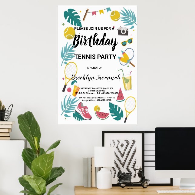 Summer Splash Birthday Tennis Party Poster (Home Office)