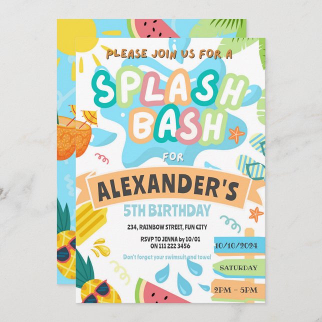 Summer Splash Pool Party Boy Bash Water Park Invitation (Front/Back)