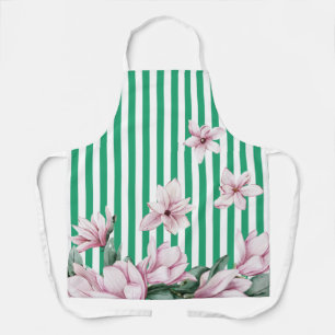 Summer, spring, green stripe magnolia print  apron