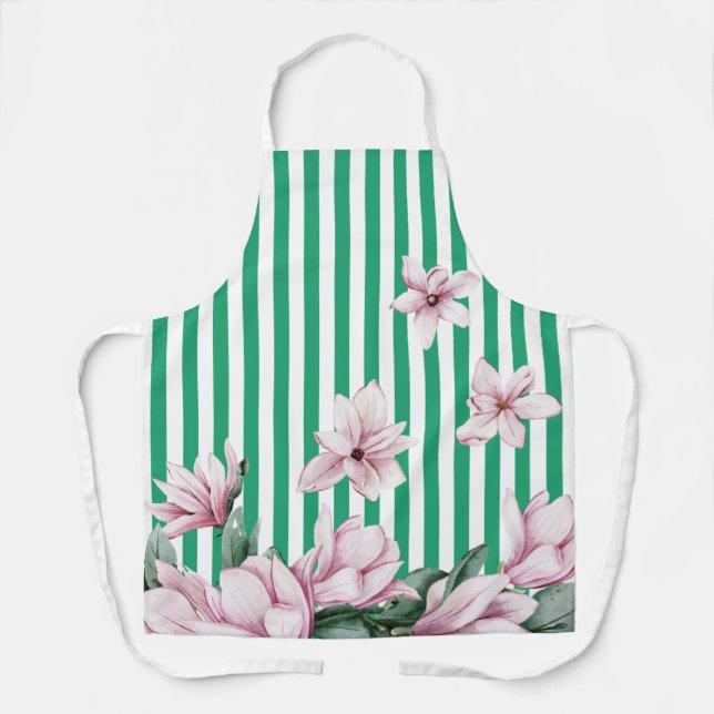 Summer, spring, green stripe magnolia print  apron (Front)