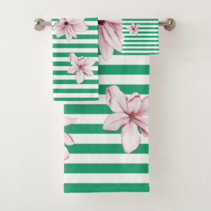 Summer, spring, green stripe magnolia print bath towel set