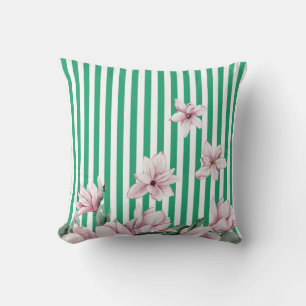 Summer, spring, green stripe magnolia print cushion