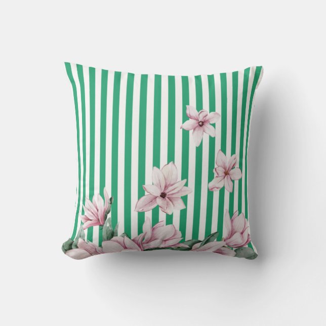 Summer, spring, green stripe magnolia print cushion (Front)